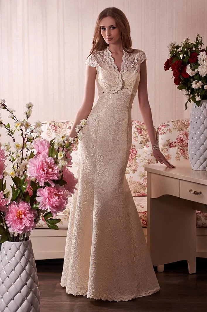 ---Cheap custom made mermaid style wedding dress with short sleeves shrug decorated with sparkling stones made in lace--