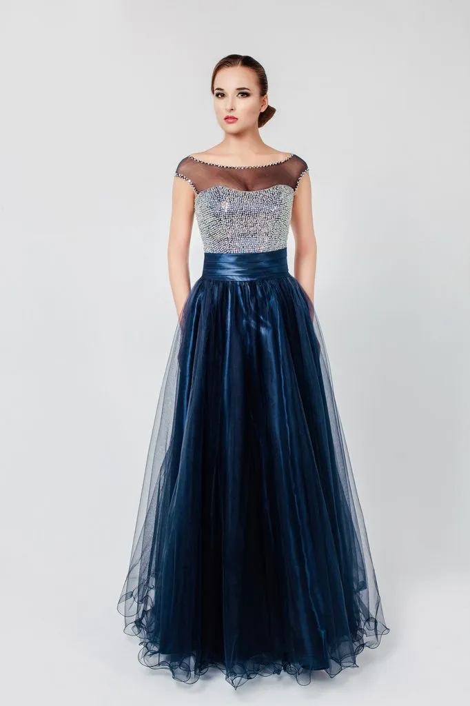 ---Elegant dark blue dress for special occasions with bateau neckline--