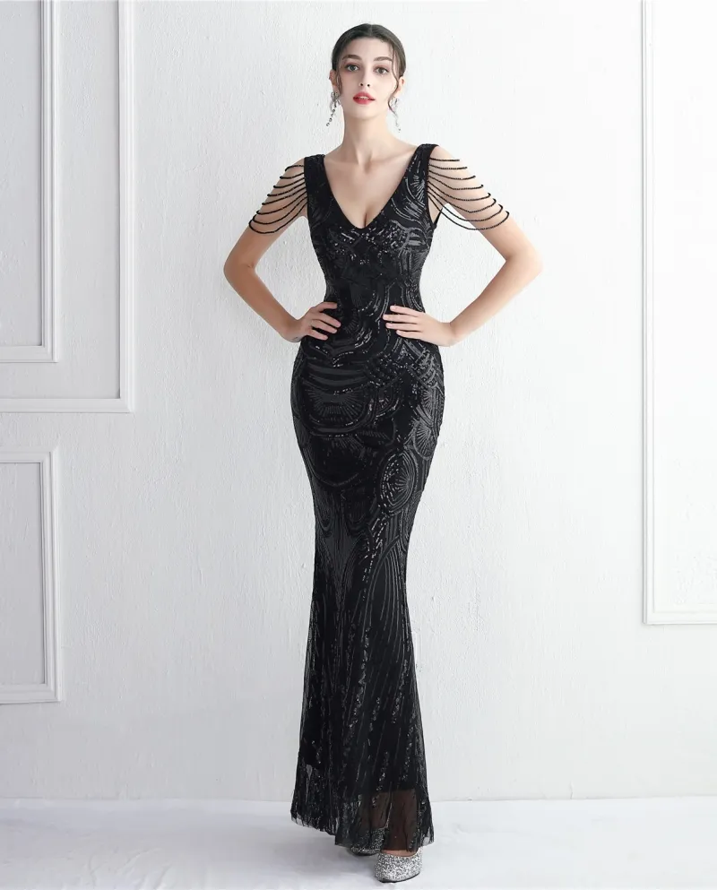 19608new Beaded Craft Beaded Evening Dress Long Banquet Slim Evening Dress Temperament Elegant Long