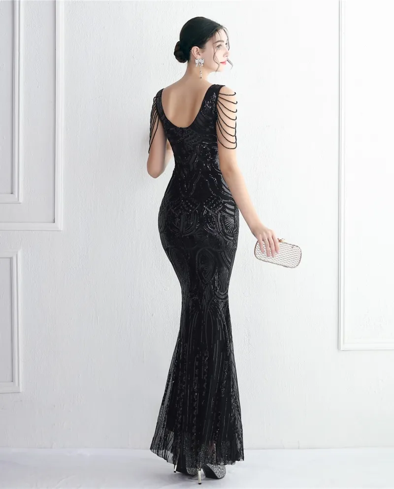 19608new Beaded Craft Beaded Evening Dress Long Banquet Slim Evening Dress Temperament Elegant Long