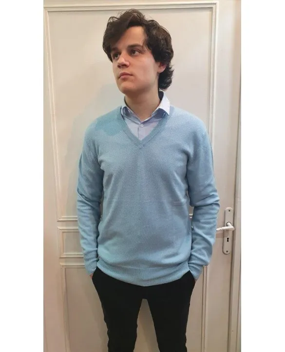 Maglia con scollo a V in Cashmere Azzurro da Uomo