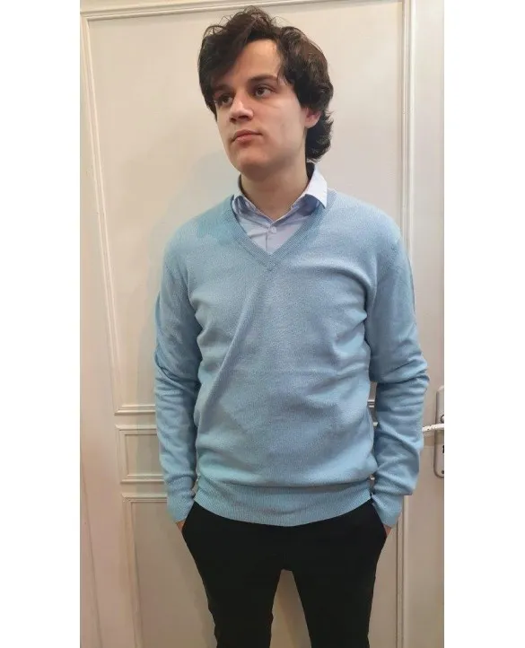 Maglia con scollo a V in Cashmere Azzurro da Uomo