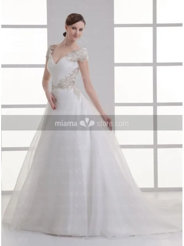 NATASHA - A-line V-neck Off the shoulder Chapel train Organza Wedding dress