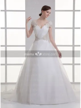 NATASHA - A-line V-neck Off the shoulder Chapel train Organza Wedding dress