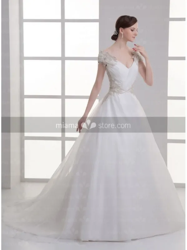 NATASHA - A-line V-neck Off the shoulder Chapel train Organza Wedding dress