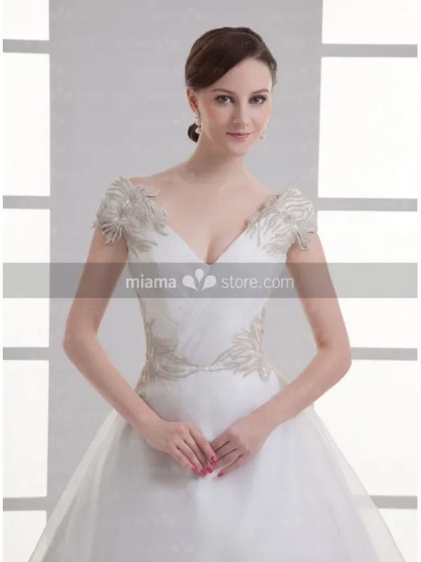 NATASHA - A-line V-neck Off the shoulder Chapel train Organza Wedding dress