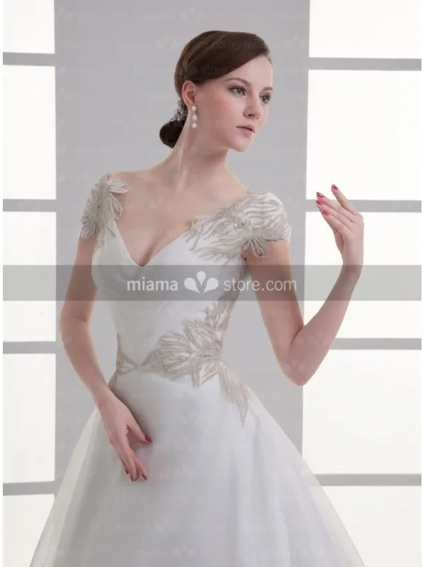 NATASHA - A-line V-neck Off the shoulder Chapel train Organza Wedding dress