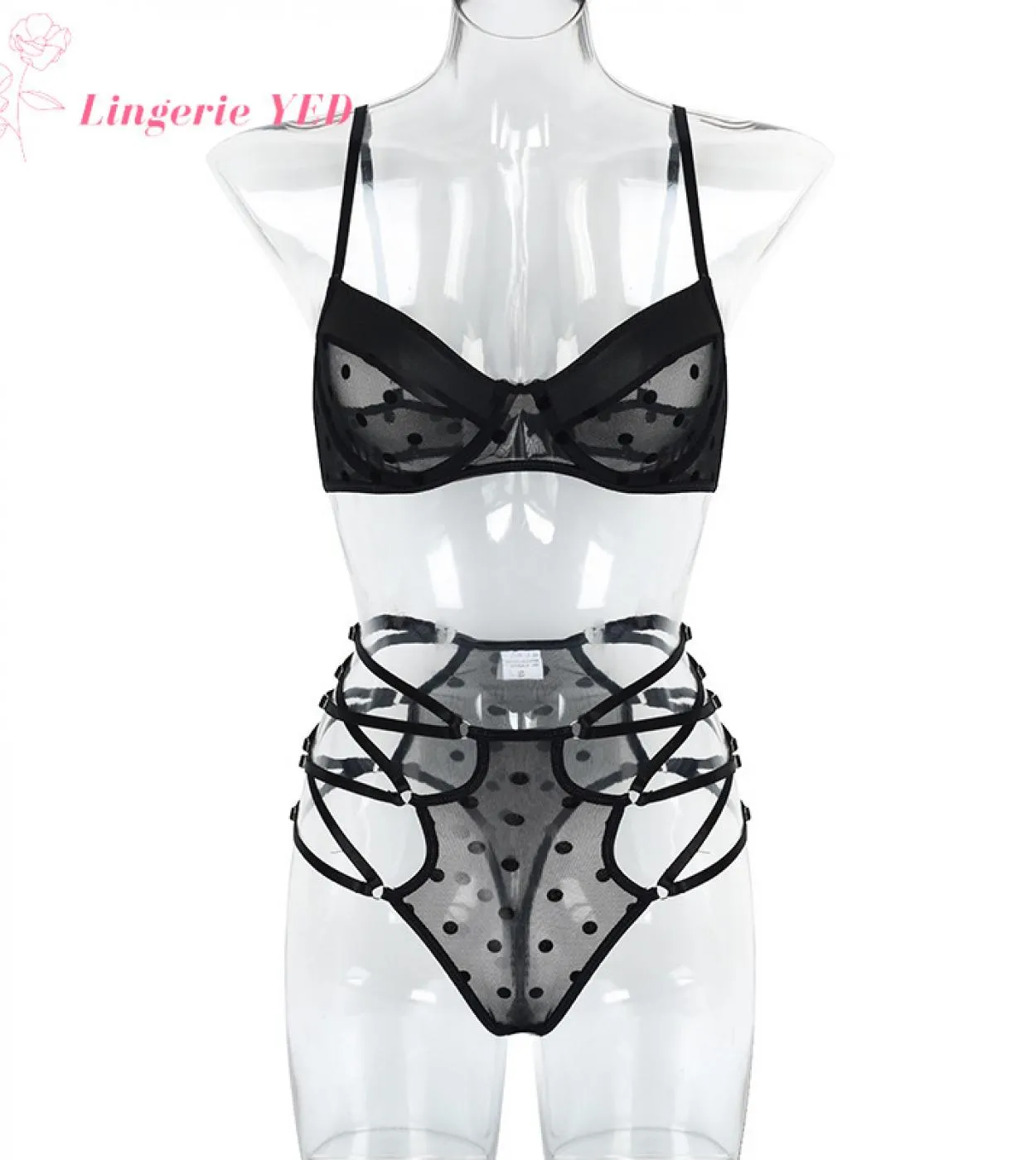 New Fashion Exotic Mesh Cross Strap Reggiseno Mutandine Set Twopiece Black Dot Seethrough Lingerie Push Up Bikini Set Underwea