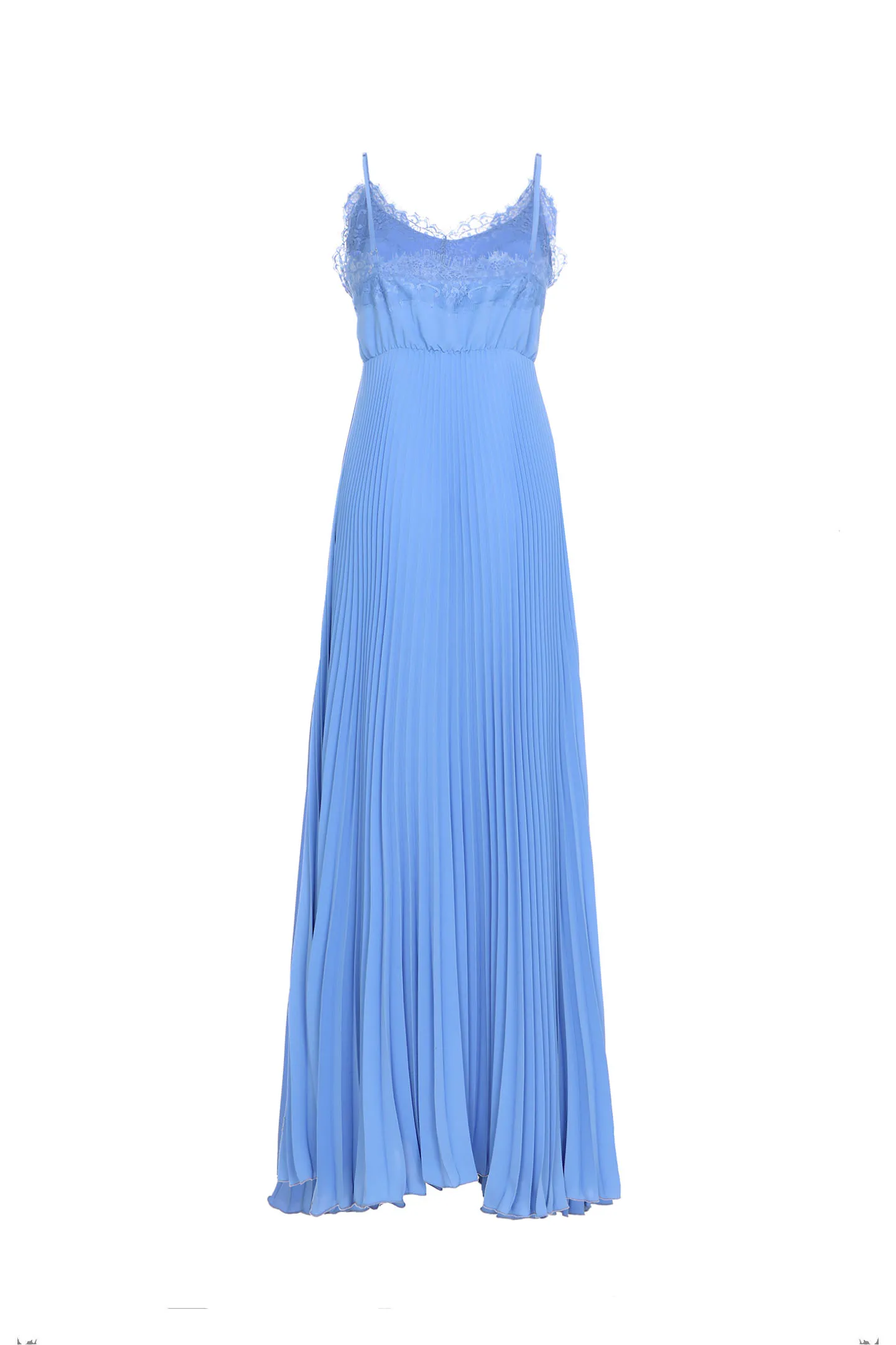 PLEATED LONG DRESS WITH LACE CREPE DE CHINE