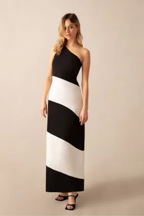 Ro&Zo Sofia Mono Stripe One Shoulder Maxi Dress