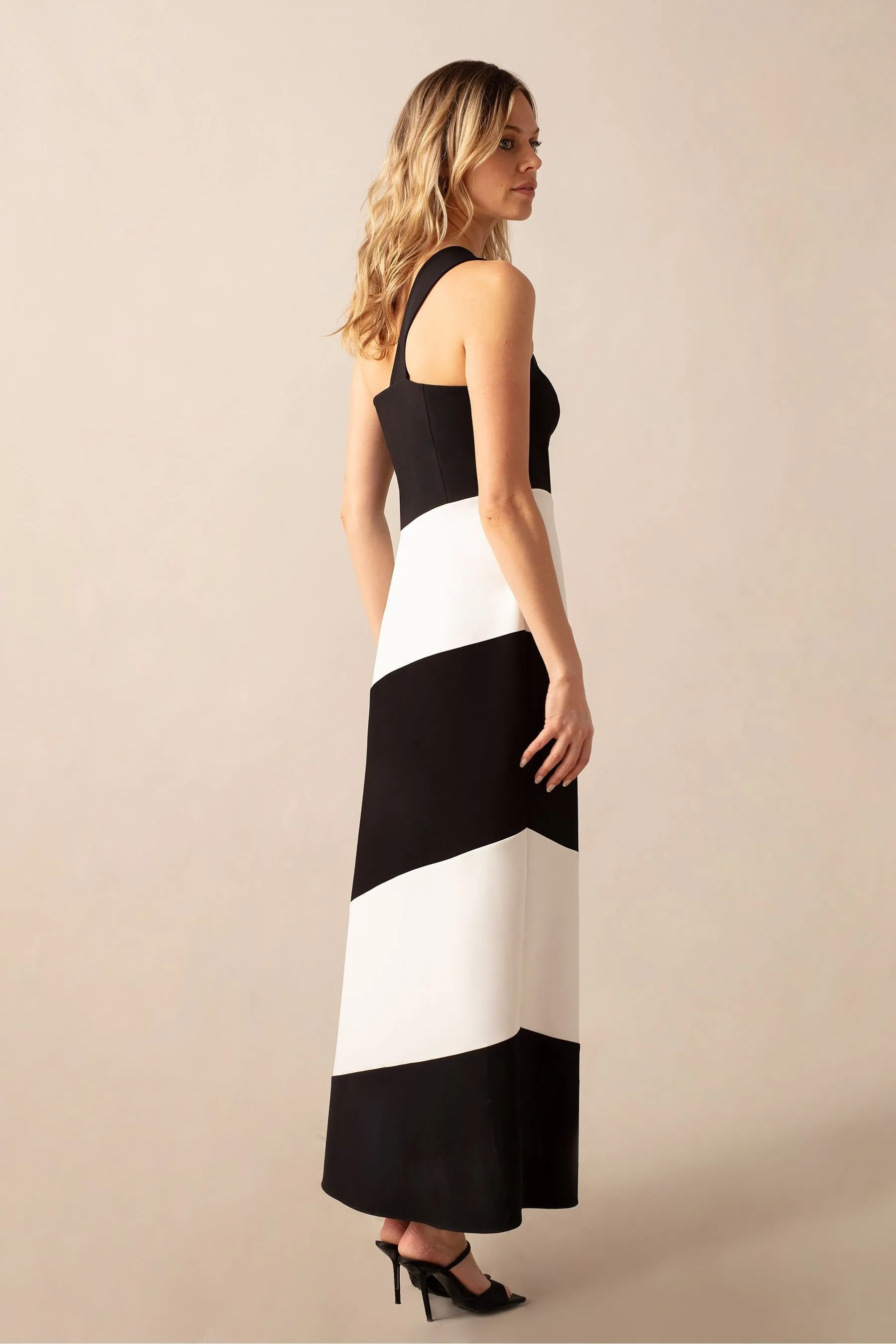 Ro&Zo Sofia Mono Stripe One Shoulder Maxi Dress