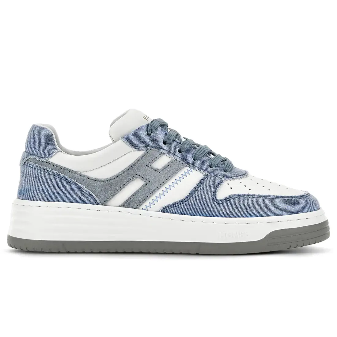 Sneaker Hogan Basket H630 bianca e celeste in pelle e jeans