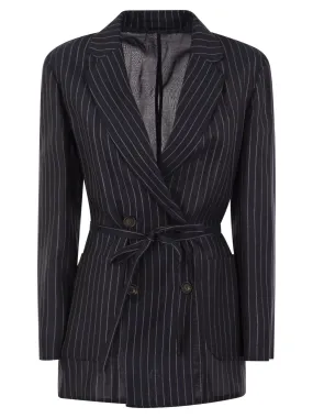 Sparkling Stripe cotton gauze jacket with belt and necklace