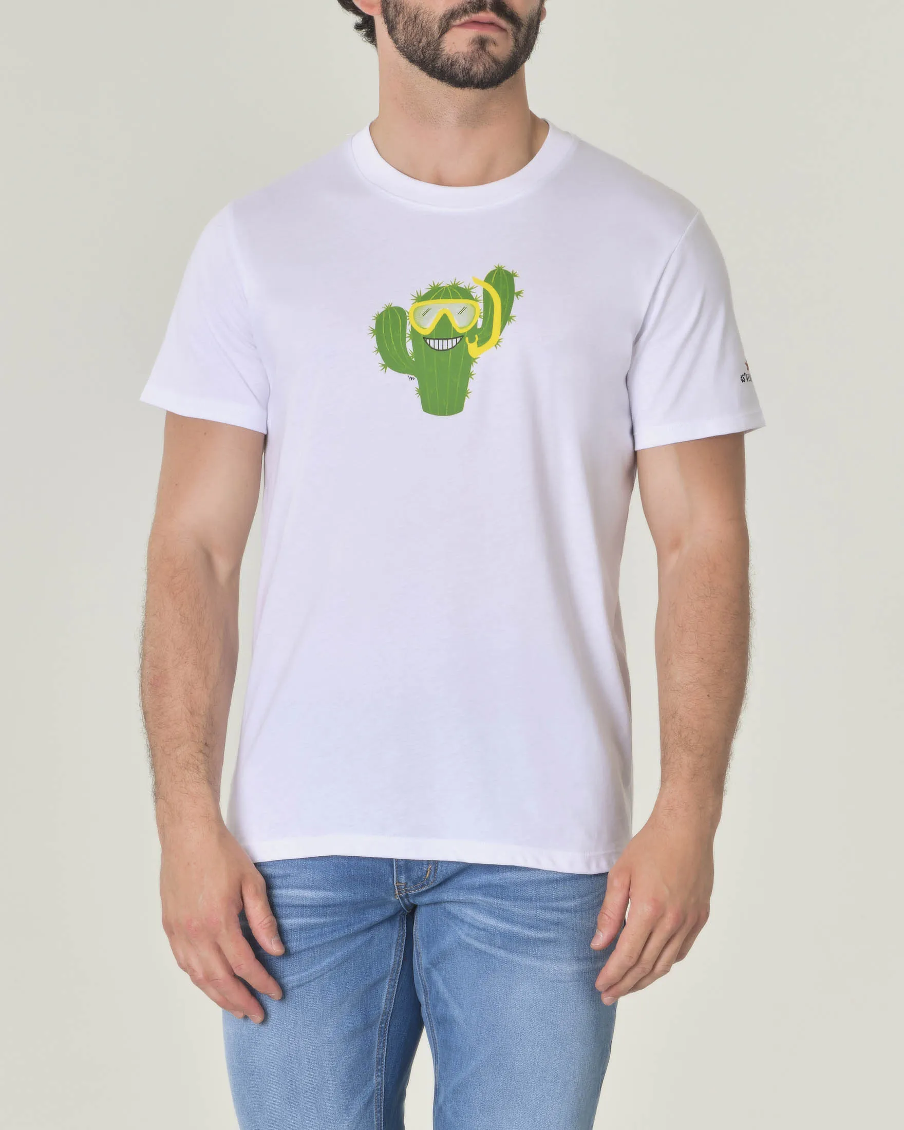 T-shirt bianca mezza manica in jersey di cotone con stampa cactus