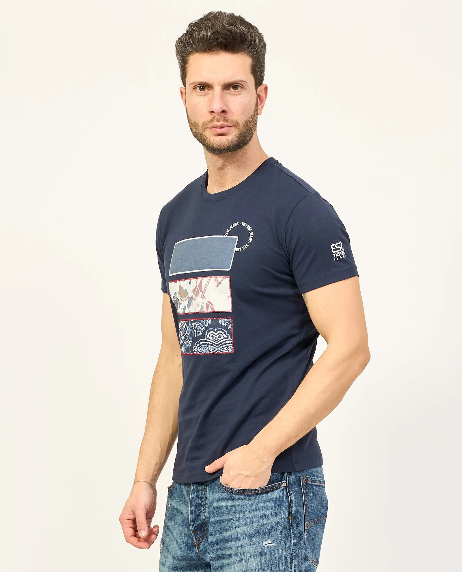 T-shirt blu girocollo Yes Zee in cotone con stampa