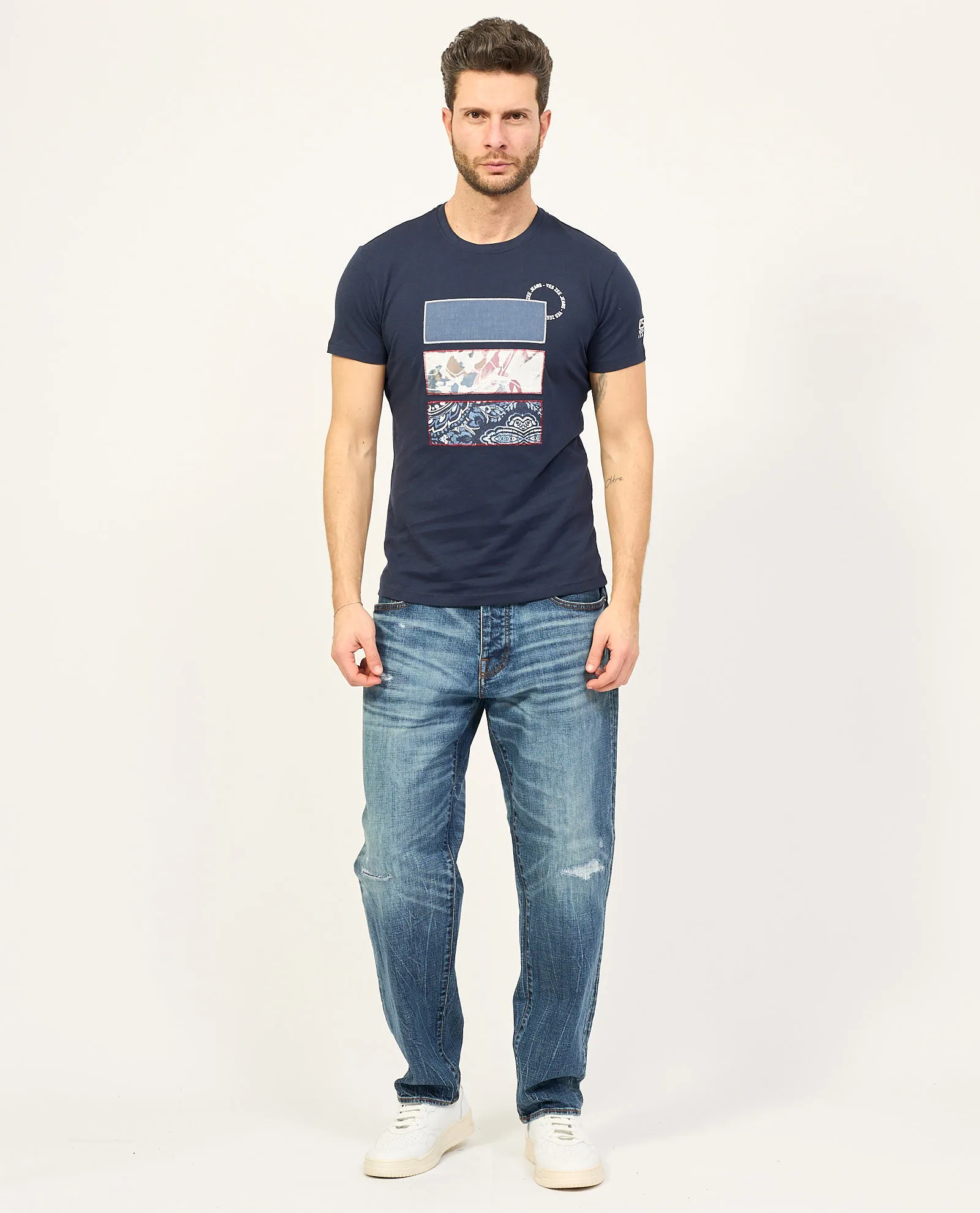 T-shirt blu girocollo Yes Zee in cotone con stampa