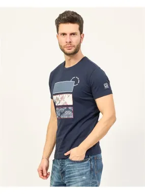 T-shirt blu girocollo Yes Zee in cotone con stampa