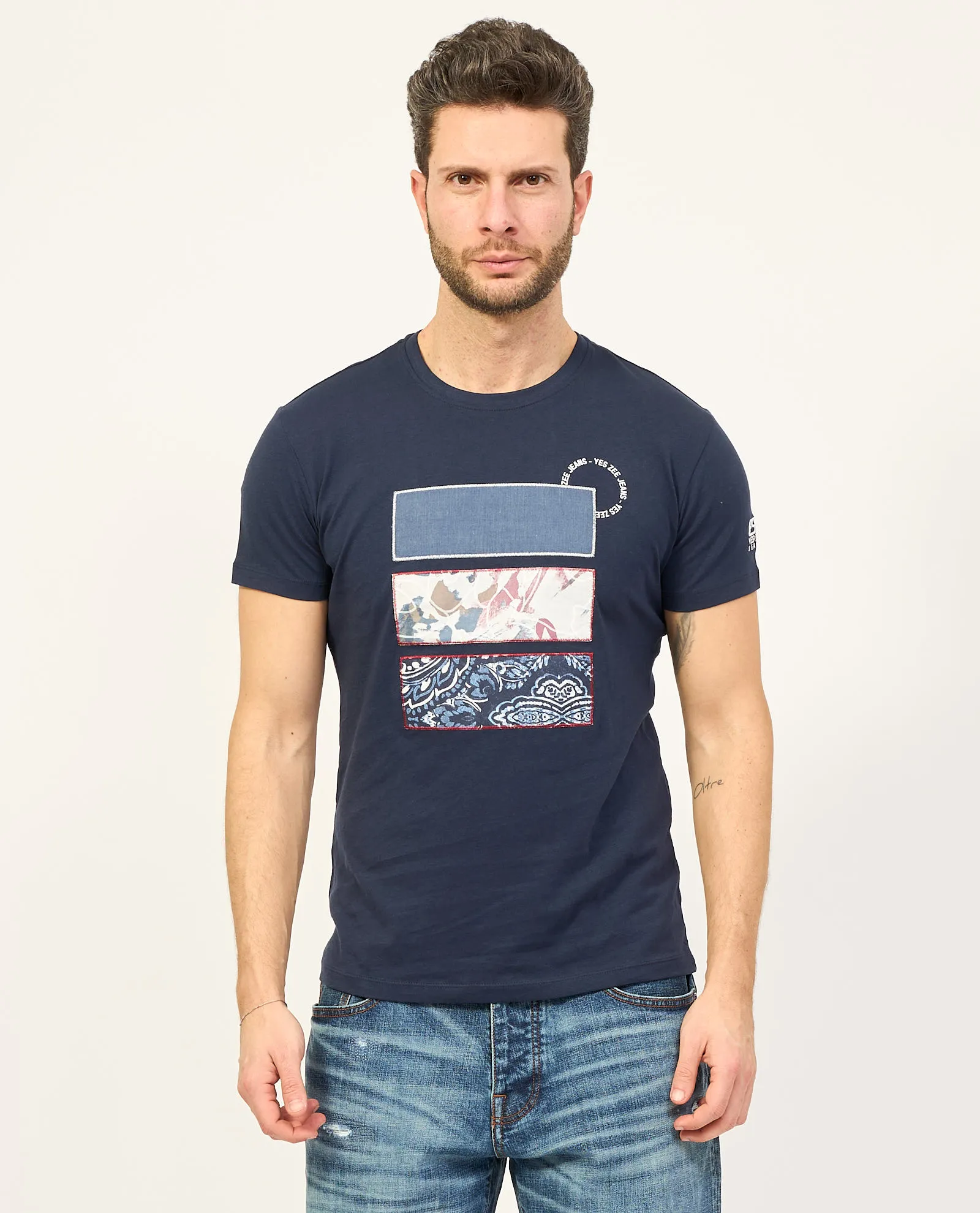 T-shirt blu girocollo Yes Zee in cotone con stampa