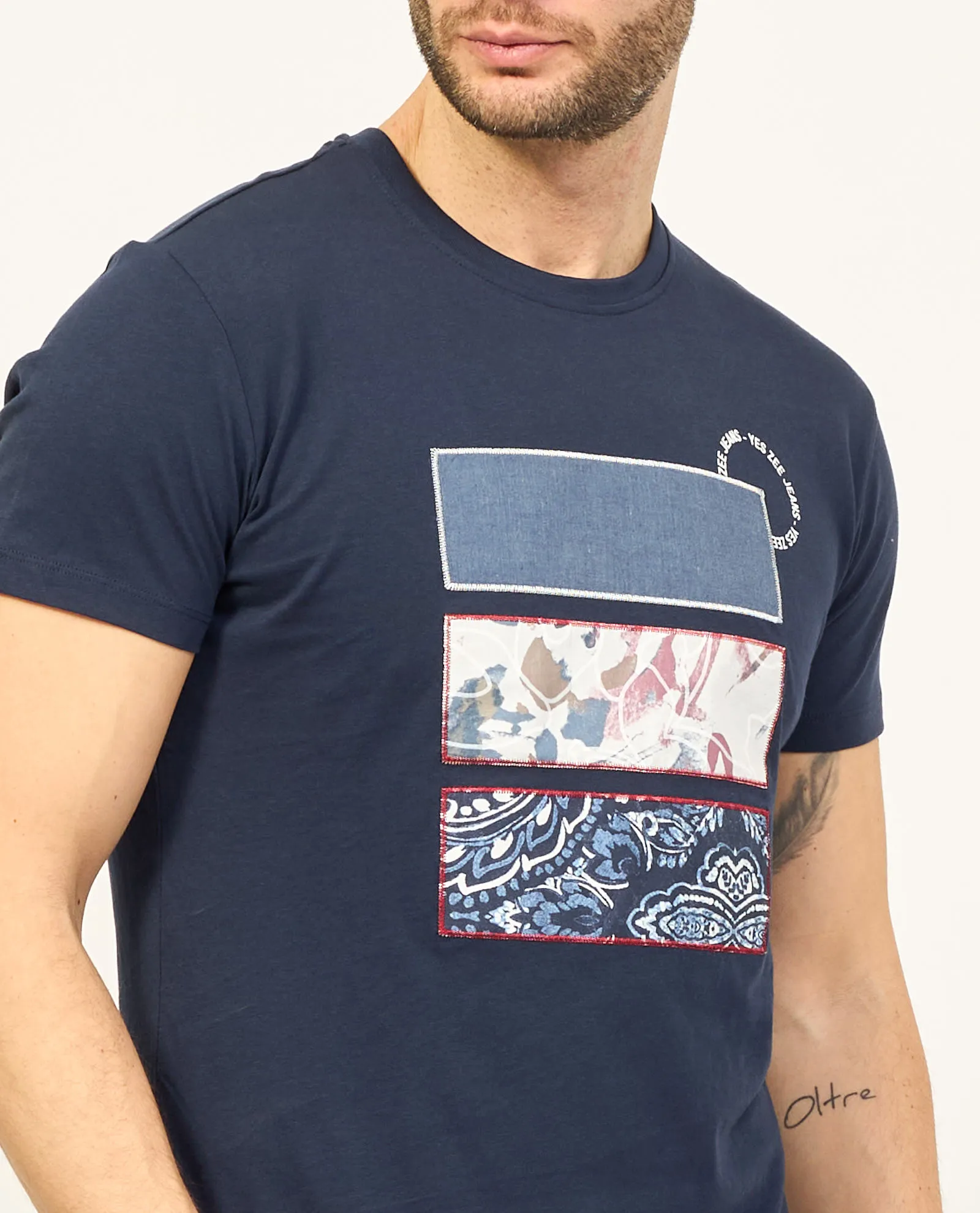 T-shirt blu girocollo Yes Zee in cotone con stampa