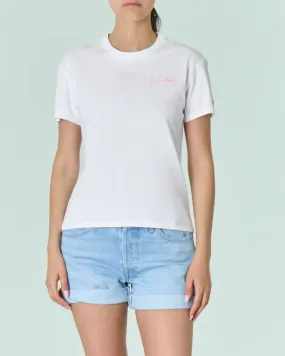 T-shirt in cotone bianca con scritta fucsia Fa caldo! ricamata sul petto