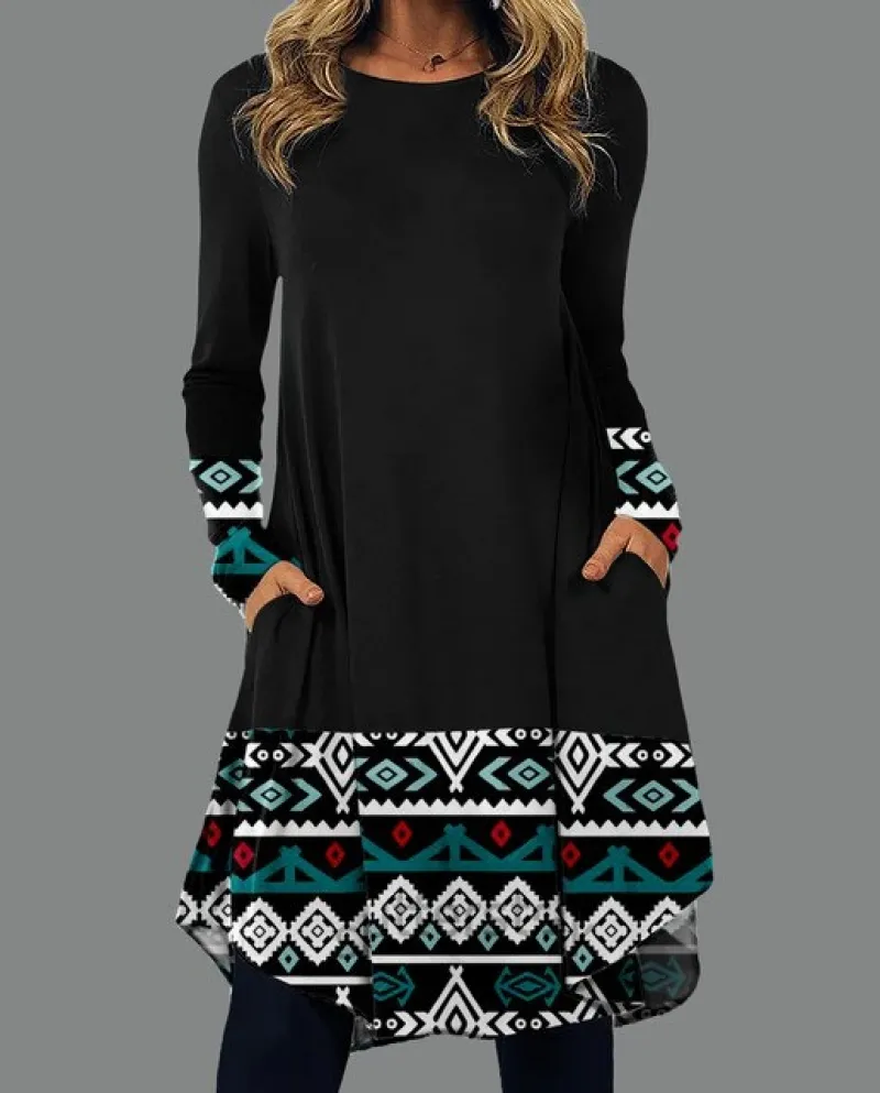 Women Ethnic Boho Basics Irregular Dress Casual Middle Length Long Sleeve Dresses For Women With Pocket Loose A Line Dre