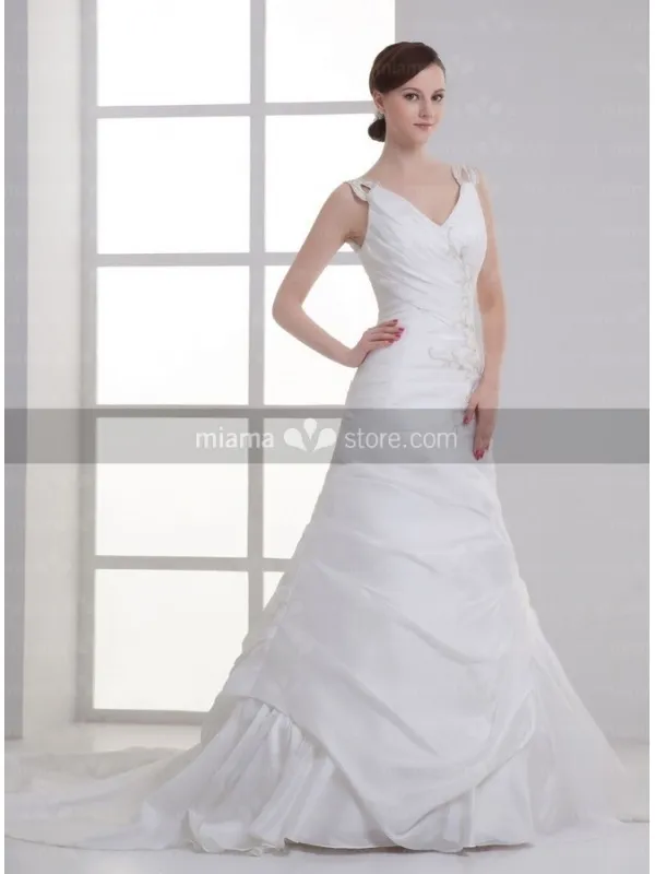 ZONA - A-line V-neck Chapel train Taffeta Wedding dress